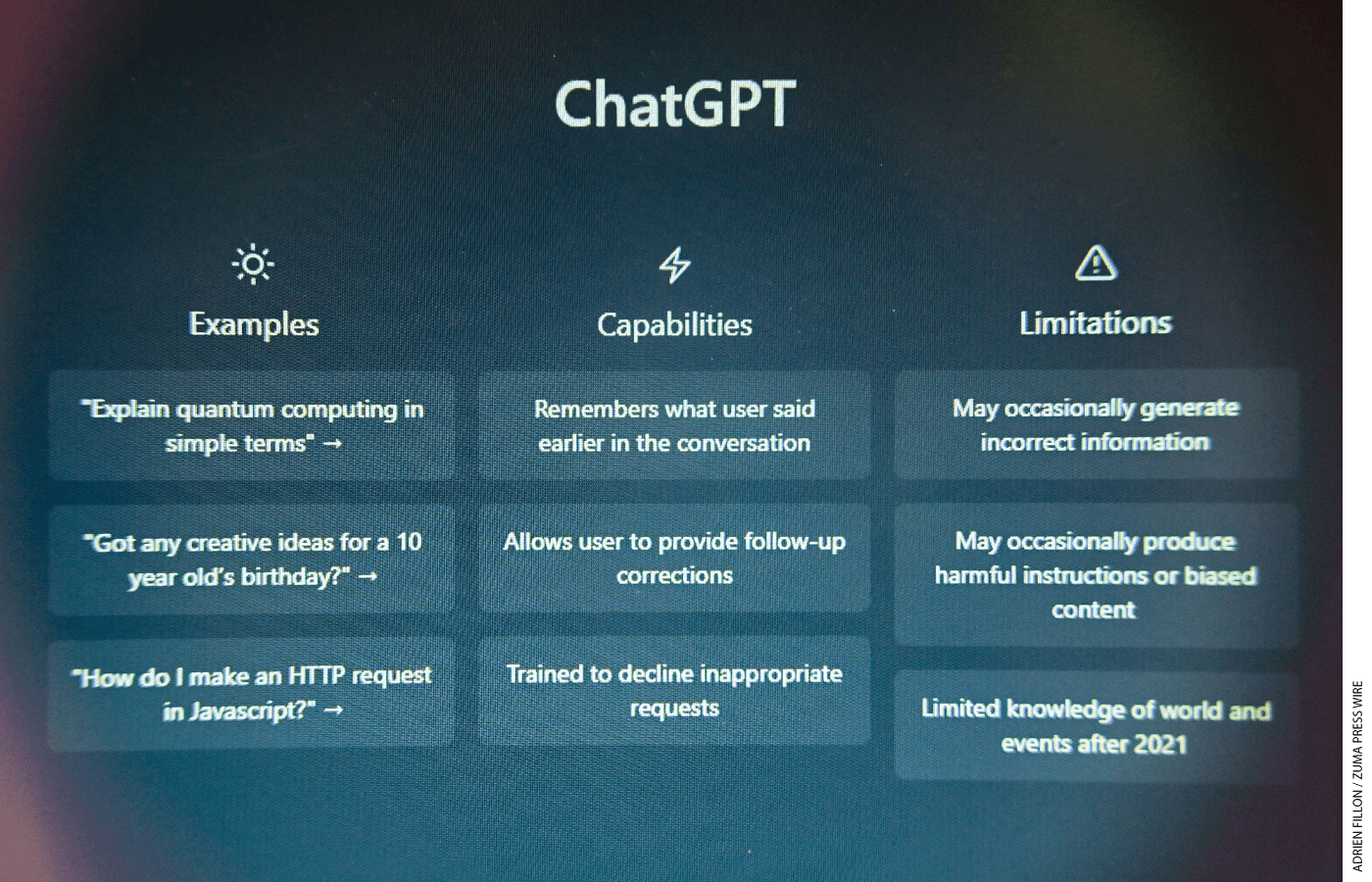 The homescreen for OpenAI’s foundation-model generative artificial intelligence, ChatGPT, gives users three sample commands and a list of functions and caveats.